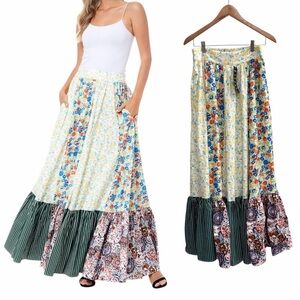 Boho Floral Patchwork Maxi Skirt - Yellow Multi